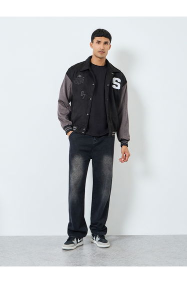 Men Black Relaxed Graphic Varsity Jacket