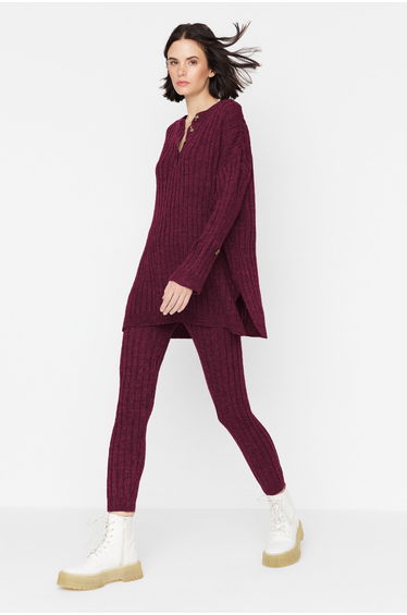Burgundy Corded Wide Fit Knitwear Bottom-Top Set