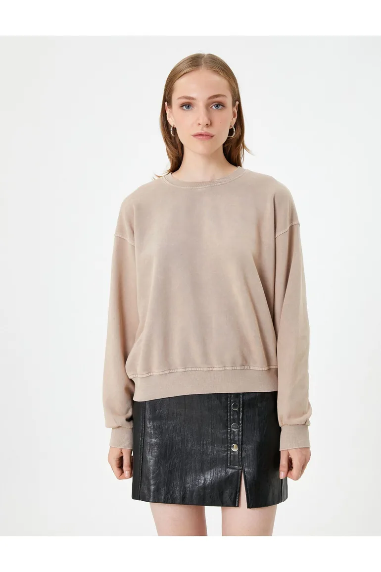 Crew Neck Sweatshirt Cotton Long Sleeve Ribbed - 2