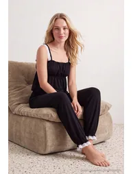 Black Lace Detailed Viscose Woven Pajama Set