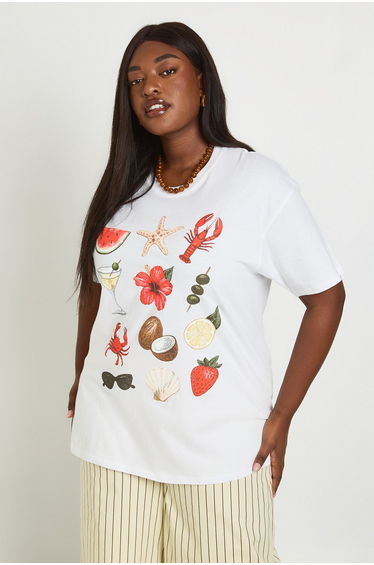 Plus Tropical Collage Printed Oversized T-Shirt - white