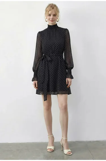 فستان بيانكو لوتشي شيفون أسود قصير منقط على شكل حرف A بأكمام طويلة