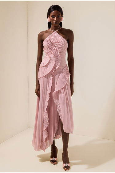 Pleated Frill Halter Neck Dress