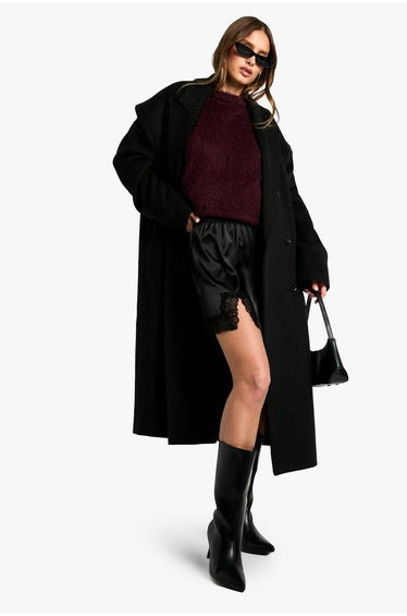 Satin Lace Trim Mini Skirt - black