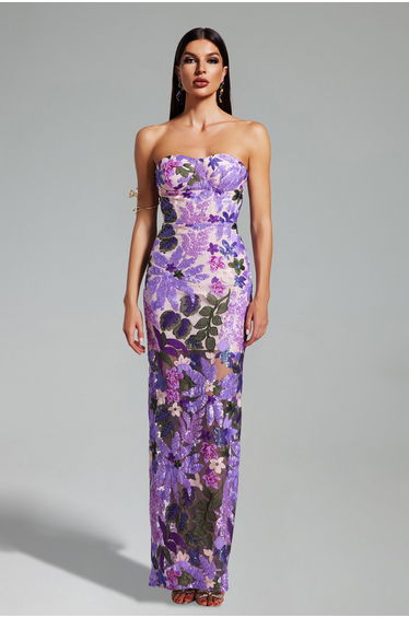 Eugenia Flr Sequins Strapless Mesh Dress - Purple