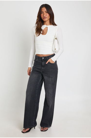 Key Hole Ruched Waist Long Sleeve Top - ivory