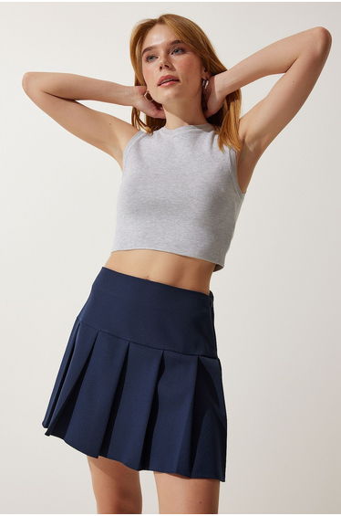 Women's Navy Blue Pleated Mini Woven Skirt