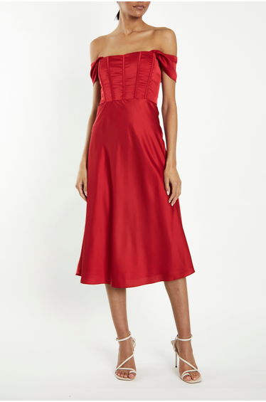 Agatha Cherry-Red Satin Corset Midi Slip-Dress