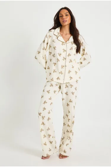Tall Bear Print Muslin Long Sleeve Shirt & Trouser Pyjama Set - white