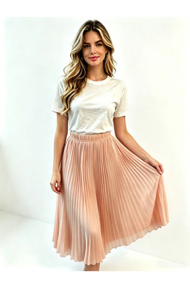 Peach Pleated A-Line Midi Skirt