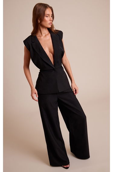 Black Tailored Woven Ruched Waist Shoulder Pad Waistcoat