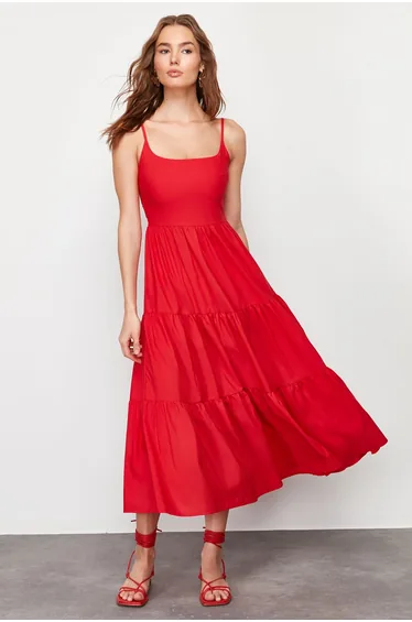Cotton Blended Woven Dress with Red Opening at the Waist