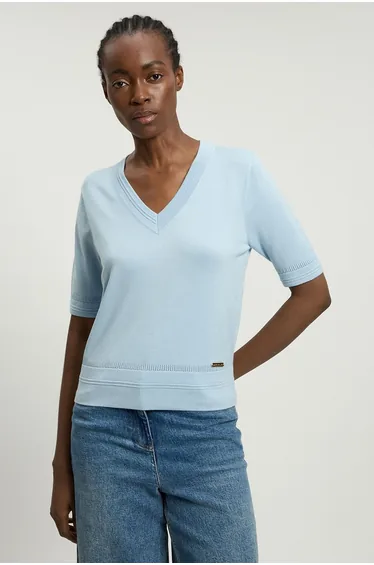 Forever Viscose Blend V Neck Knitted Short Sleeve Top