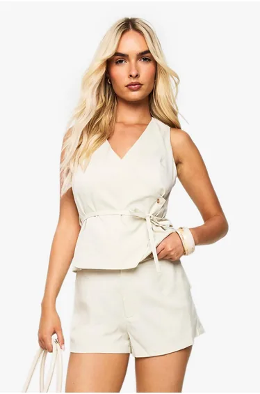 Asymmetric Tie Waist Waistcoat - ecru