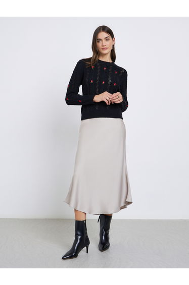 Black Floral Embroidered Cable Knit Sweater