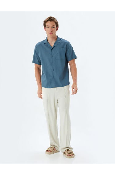 Linen Blend Shirt Short Sleeve Basic Pocket Detail
