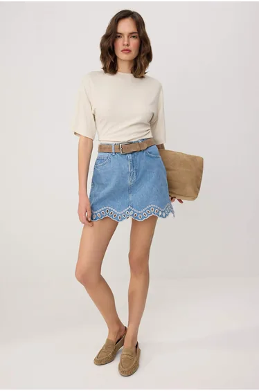 Blue Embroidery Detailed Mini Denim Skirt