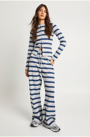 Stripe Rib Button Through Top - grey