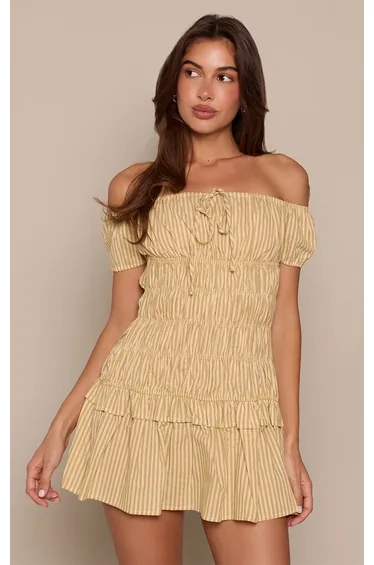 Mustard Pinstripe Bardot Ruched Shift Dress