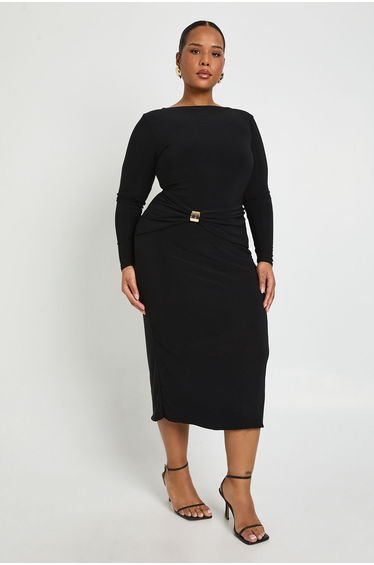 Plus Ruched Waist Gold Trim Midaxi Dress - black