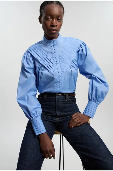 Cotton Pleated High Neck Balloon Sleeve Woven Shirt