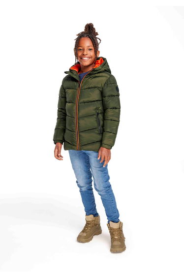 Boys Padded Jacket With Hood And Contrast Lining