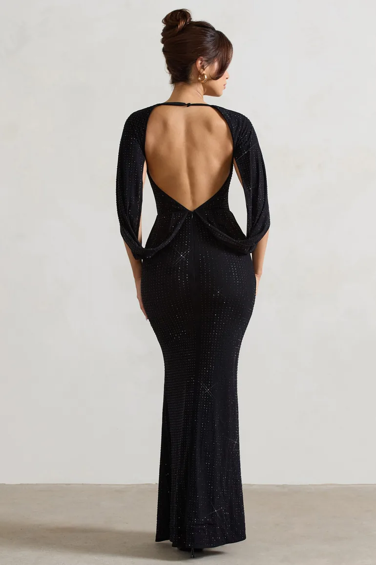 embellished fishtail maxi dress Glamrae Elegant Luxurious Sheer Long Sleeve Sequin Beaded Satin Ruched Split Fishtail Maxi Dress,Heavily Embellished Evening Gown For Wedding Guest & Formal