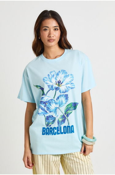 Barcelona Floral Printed T-Shirt - baby blue