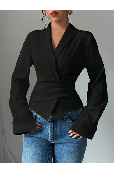 Women Solid V Neck Fitted Wrap Top