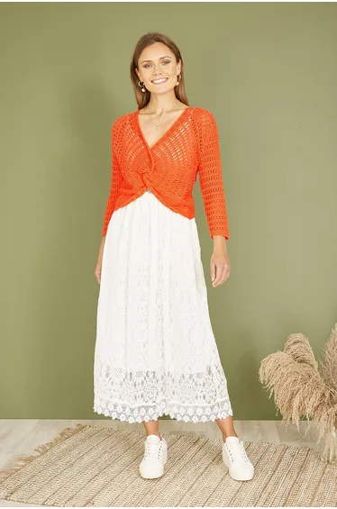 Yumi Orange Cotton Crochet Twisted Bolero Top