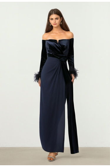 Navy Velvet Chiffon Dress