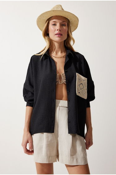 Women's Black Lace Detailed Linen Shirt