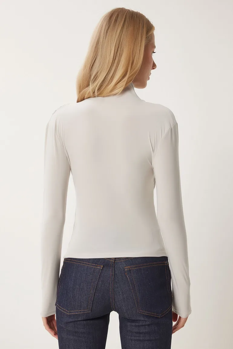 Women's Stone Gathered Detailed High Neck Sandy Blouse - 4