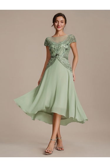 ever NUIT|See-Through Beaded Sheath Round Neck Wedding Guest Dress