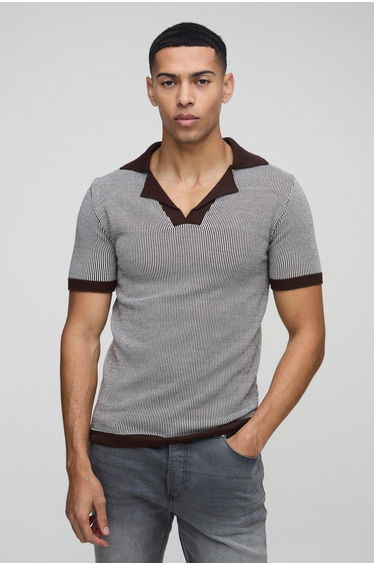 Muscle Fit Revere Collar Ribbed Plated Knitted Polo - chocolate