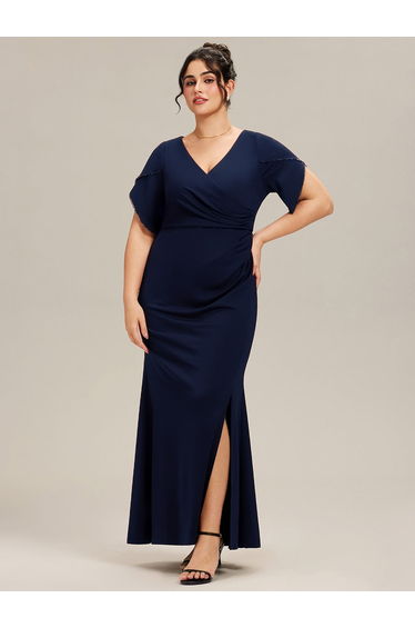 ever EZRA| Thigh-High Slit Tulip Sleeve Evening Dress