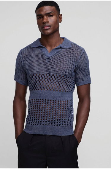 Regular Stitch Interest Button Neck Knitted Polo