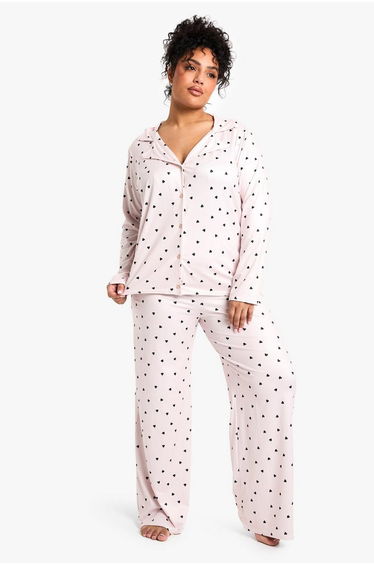 Plus Heart Print Long Sleeve & Trouser PJ Set
