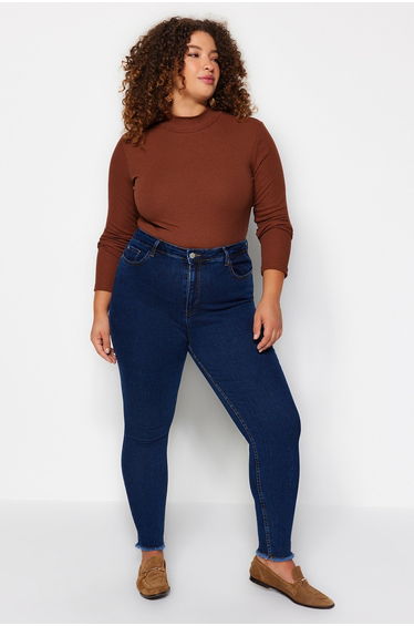 Brown Stand Collar Bodycone/Body Sitting Ribbed Knitting Plus Size Blouse