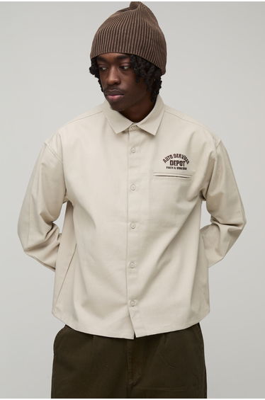 Oversized Embroidered Workwear Overshirt - ecru