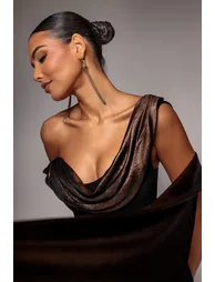 Foil Chiffon Cowl One Shoulder Cape Maxi Dress - Black Bronze by Goddiva - 2