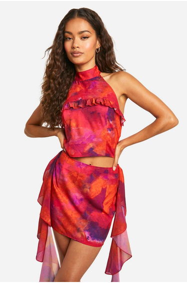 Printed Frill Detail Woven Mini Skirt - multi