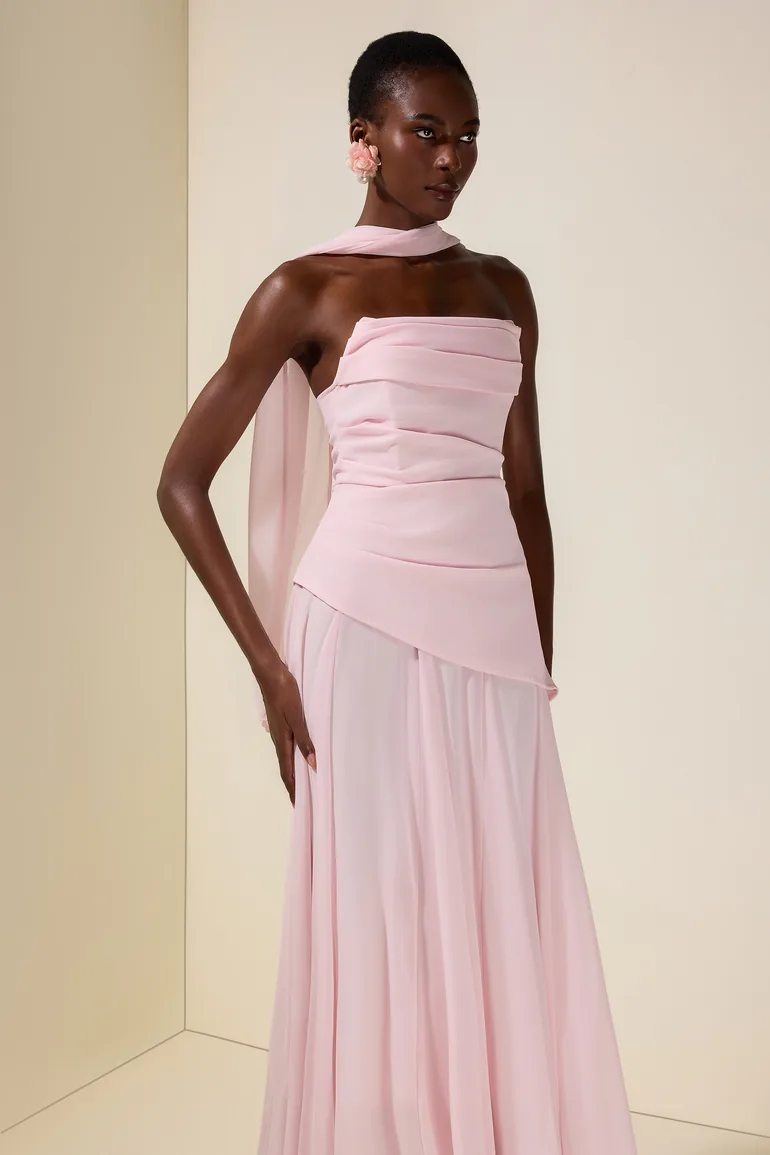 فستان جاردان فو شيفون زهري ماكسي على شكل حرف A بلا أكتاف - 2