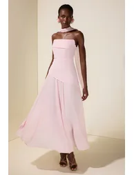 فستان جاردان فو شيفون زهري ماكسي على شكل حرف A بلا أكتاف - 5