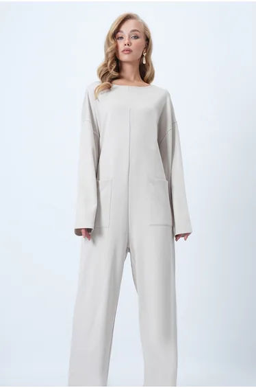 Women's Stone Crew Neck Zippered Back Casual Cut Jumpsuit