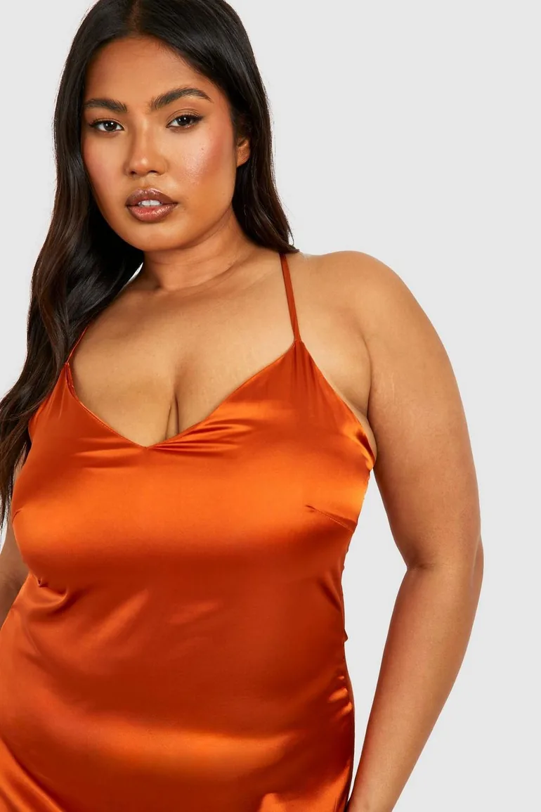 Plus Satin V Neck Split Midaxi Dress - burnt orange - 3