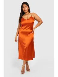 Plus Satin V Neck Split Midaxi Dress - burnt orange - 2