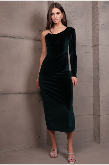 Women's Walnut Green Single Sleeve Stone Strap Velvet Long Dress