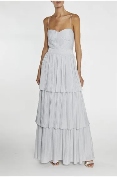 Jayda Silver Pleated Metallic Tiered Maxi Dress