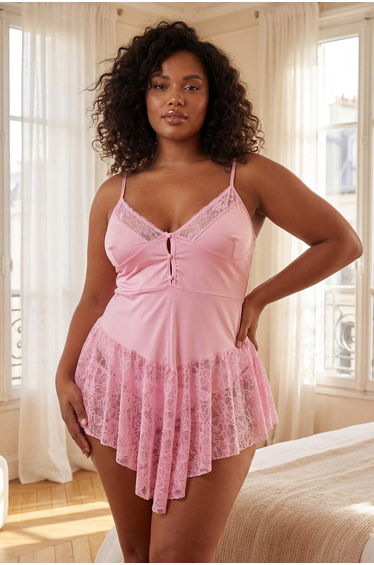 Pink Lace Piece Buttoned Strappy Cup-Free Panty Babydoll/Fantasy Nightgown